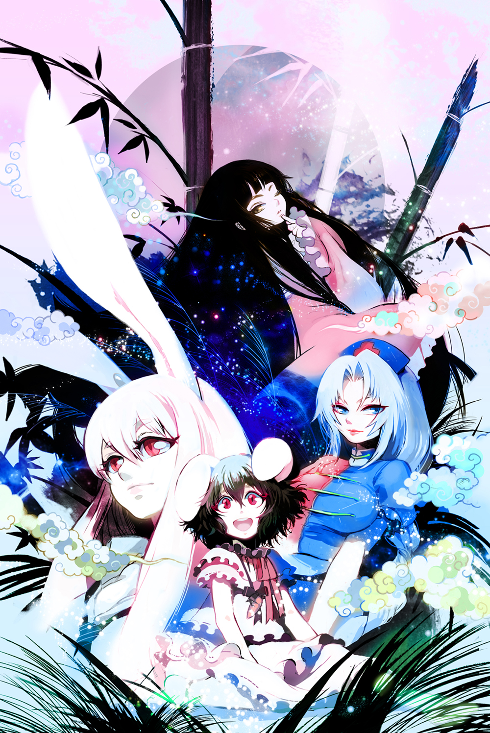 kimimaru, houraisan kaguya, inaba tewi, reisen udongein inaba, yagokoro eirin, touhou, silver hair, bad id, bad pixiv id, highres, 4girls, animal ears, black hair, blue eyes, braid, breasts, cloud, female focus, hat, long hair, multiple girls, outdoors, plant, purple hair, rabbit ears, red eyes, short hair, sky