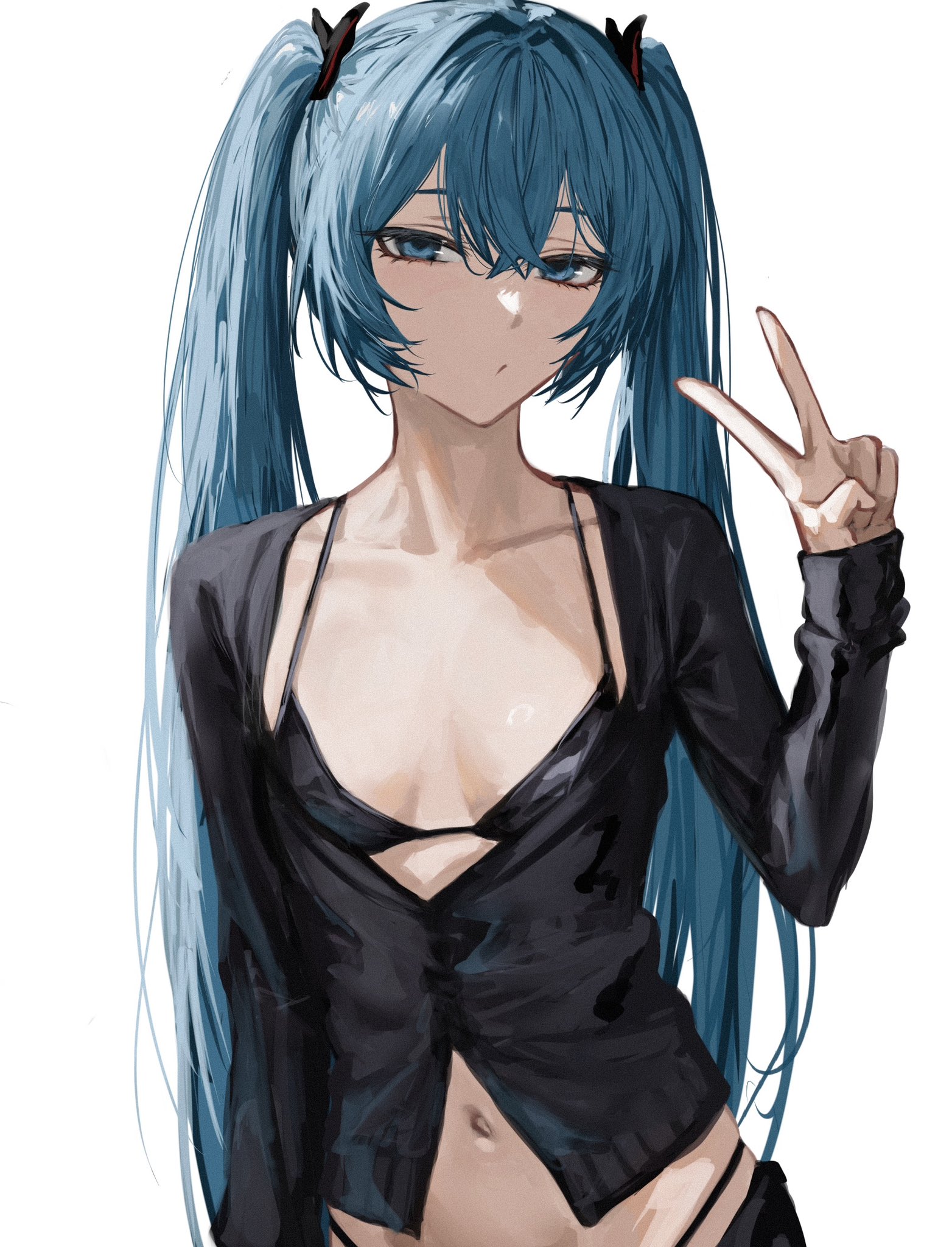 raberu ruru, hatsune miku, highres, 1girl, bikini, blue eyes, blue hair, breasts, long hair, looking at viewer, navel, ponytail, simple background, small breasts, solo, stomach, swimsuit, v, white background