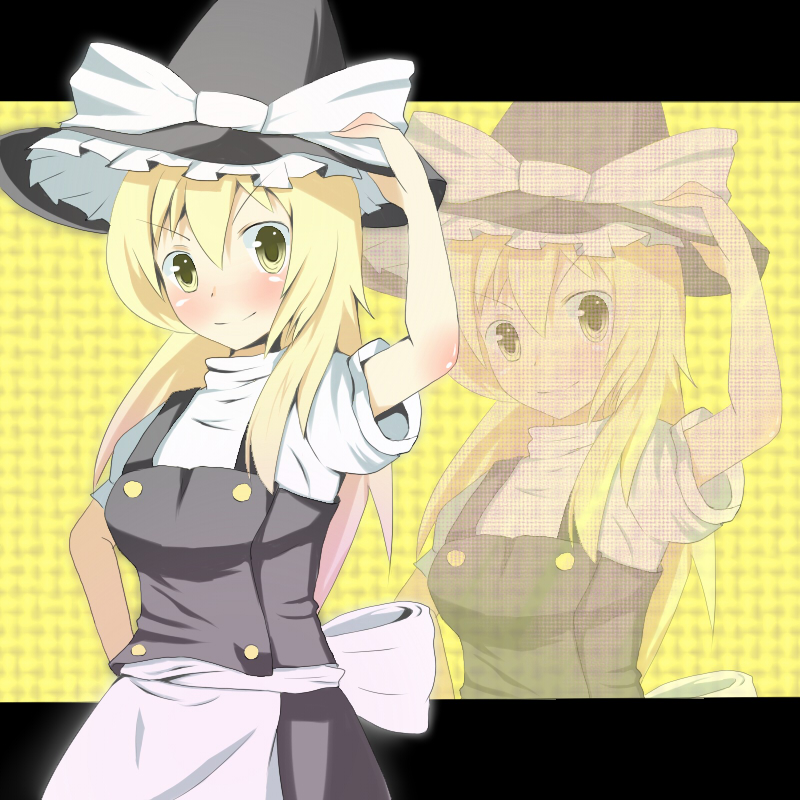 abe (roiz), tanishi, kirisame marisa, touhou, bad id, bad pixiv id, 1girl, blonde hair, blush, female focus, hand on headwear, hat, solo, witch, witch hat, yellow eyes, zoom layer