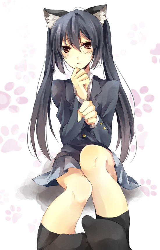karu, yuzuki karu, nakano azusa, k-on!, bad id, bad pixiv id, 00s, 1girl, animal ears, black hair, brown eyes, cat ears, cat girl, female focus, foreshortening, long hair, school uniform, solo, twintails