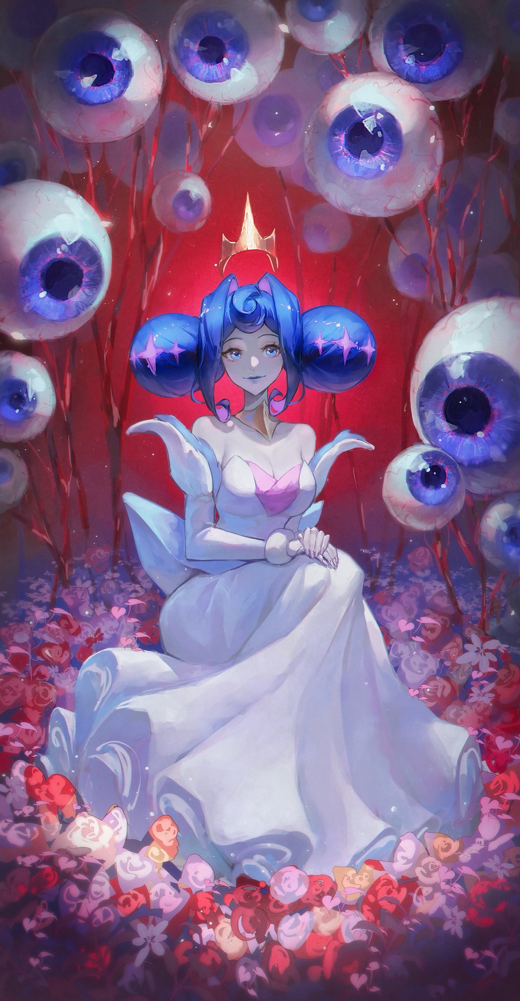 zieru, princess guinevere, knights of guinevere, commentary, highres, symbol-only commentary, 1girl, blue eyes, blue hair, blue lips, breasts, bridal gauntlets, cleavage, closed mouth, colored inner hair, colored skin, crown, double bun, dress, eyeball, eyelashes, fingernails, floating crown, flower, gown, grey skin, hair bun, hair intakes, large breasts, lipstick, long fingernails, looking at viewer, makeup, multicolored hair, own hands together, pink flower, pink hair, pink nails, pink rose, princess, red background, red flower, red rose, rose, sitting, smile, solo, strapless, strapless dress, white bridal gauntlets, white dress, white flower, white rose