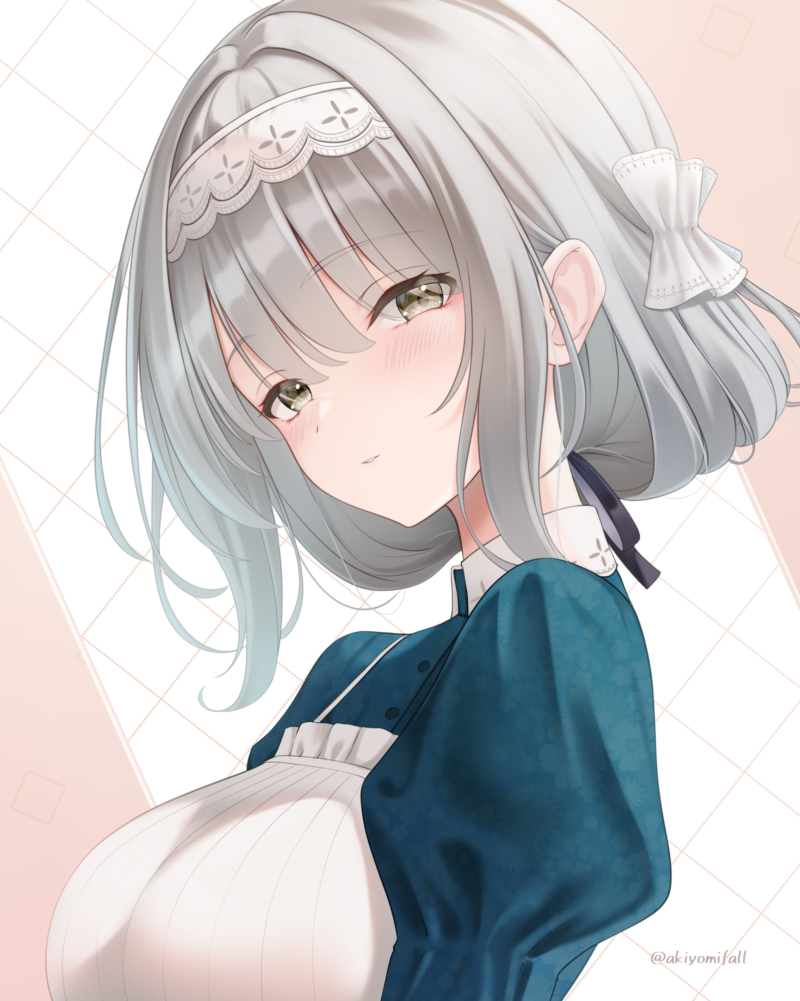 akiyomi, hiwatari kanae, gakuen idolmaster, idolmaster, highres, 1girl, animal ears, apron, black dress, black ribbon, blush, breasts, dress, from side, grey hair, hair ribbon, hairband, horse ears, juliet sleeves, large breasts, long sleeves, looking at viewer, maid headdress, medium hair, neck ribbon, parted lips, puffy sleeves, ribbon, short hair, sidelocks, simple background, solo, twitter username, upper body, white apron, white background, white hairband