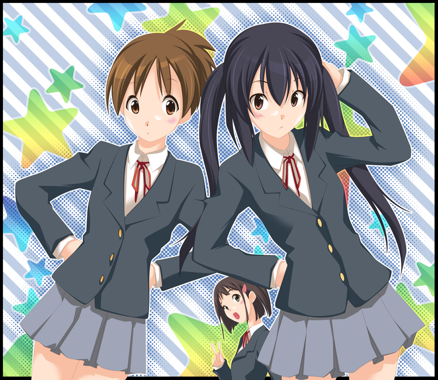 akaho sakura, azusa's friend, hirasawa ui, nakano azusa, k-on!, extra, bad id, bad pixiv id, 00s, 3girls, black hair, brown eyes, brown hair, long hair, multiple girls, ribbon, school uniform, short hair, symmetry, twintails