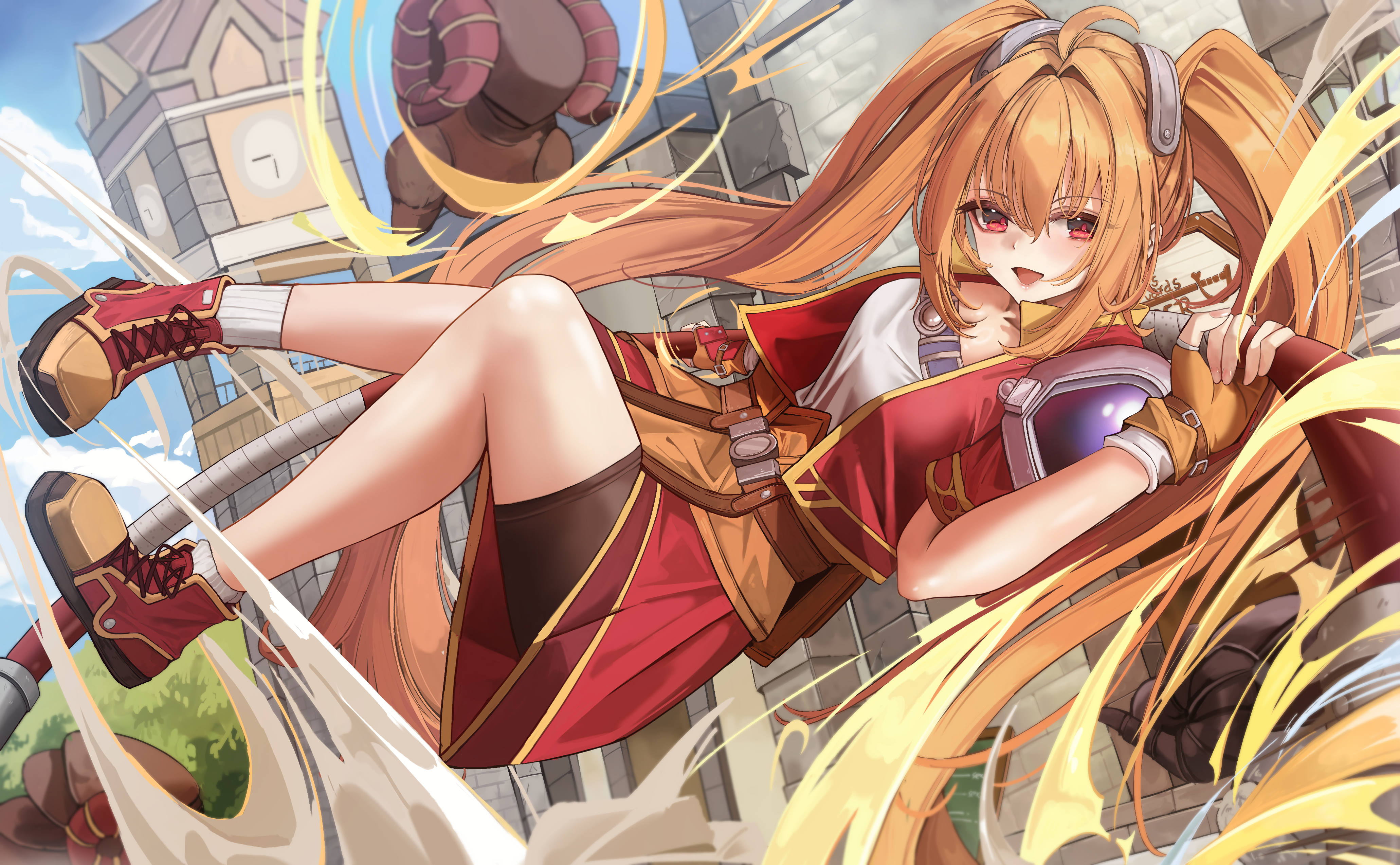 about fg, estelle bright, eiyuu densetsu, sora no kiseki, absurdres, commentary, highres, 1girl, :d, ahoge, bike shorts, black shorts, breasts, brown gloves, cleavage, cropped jacket, cross-laced shoes, day, eyelashes, fingerless gloves, fingernails, floating hair, flying, full body, gloves, hair intakes, holding, jacket, knee up, light blush, long hair, medium breasts, open clothes, open jacket, open mouth, orange hair, outdoors, red eyes, red jacket, red shoes, red skirt, shirt, shoes, short sleeves, shorts, sidelocks, skirt, smile, sneakers, socks, solo, straight hair, twintails, very long hair, white shirt, white socks