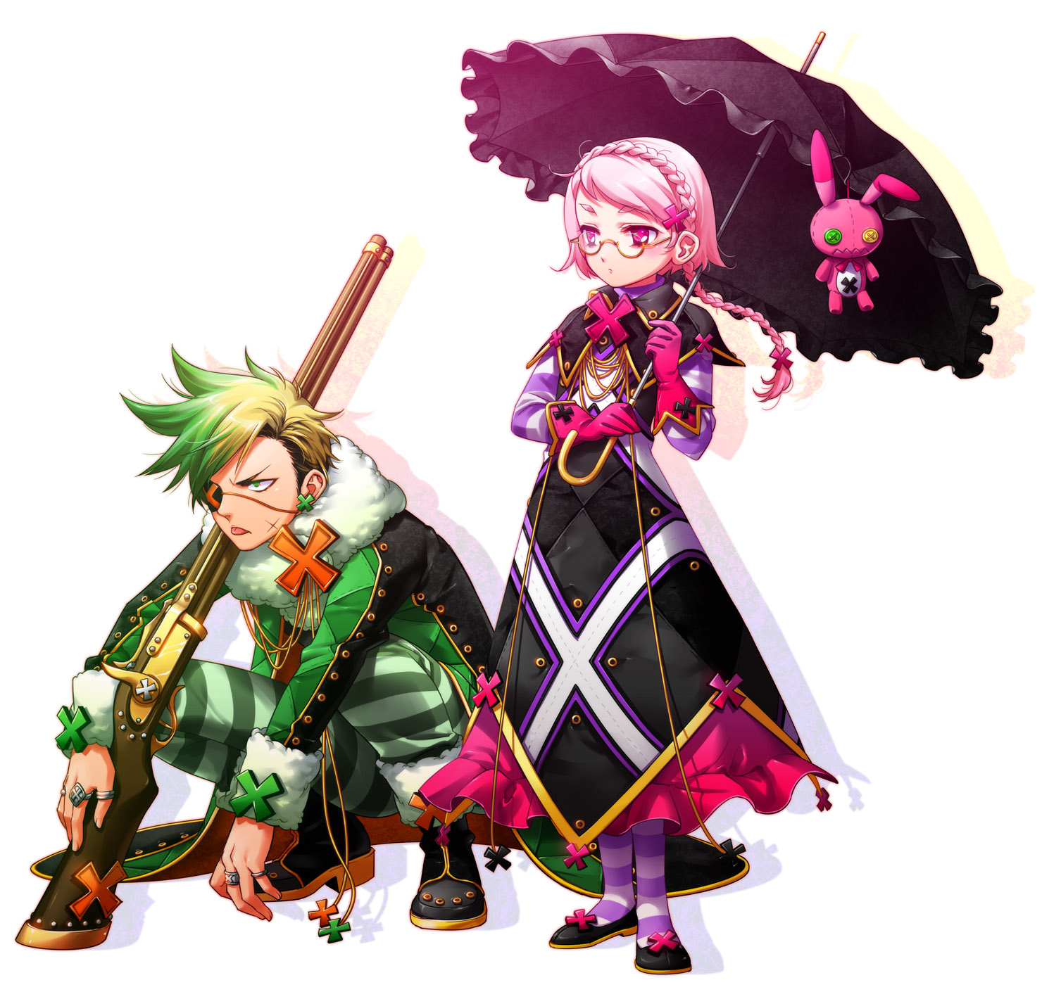 tetsukuzu tetsuko, original, striped, highres, braid, doll, glasses, green eyes, green hair, gun, pink eyes, pink hair, scar, umbrella, weapon