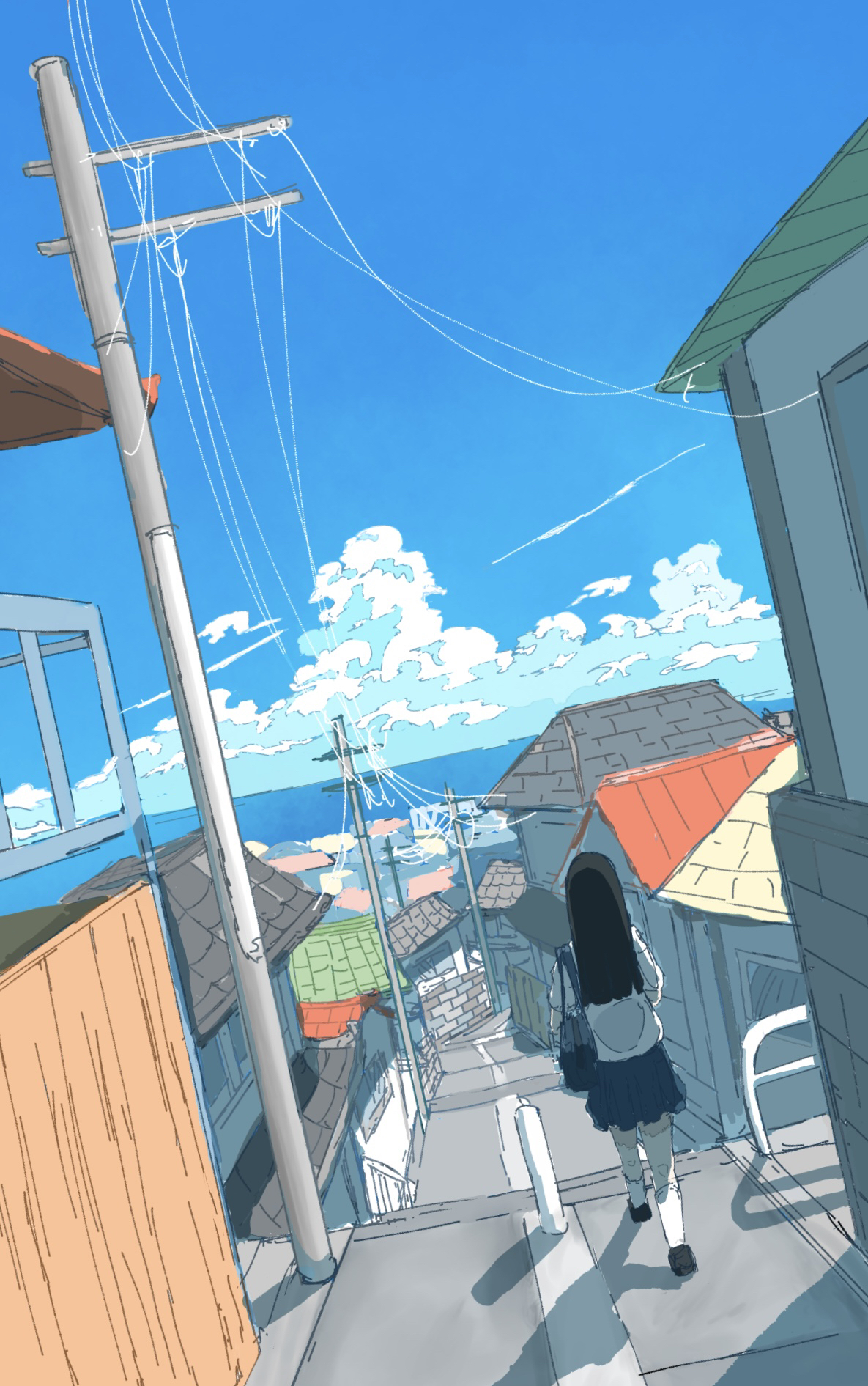 original, highres, 1girl, bag, black hair, black shoes, blue skirt, blue sky, building, cloud, dated commentary, day, dutch angle, full body, hirose (wzyt7535), horizon, house, long hair, ocean, outdoors, path, power lines, road, scenery, school bag, school uniform, shadow, shirt, shoes, sketch, skirt, sky, solo, straight hair, summer, summer uniform, thighhighs, town, utility pole, walking, white shirt, white thighhighs