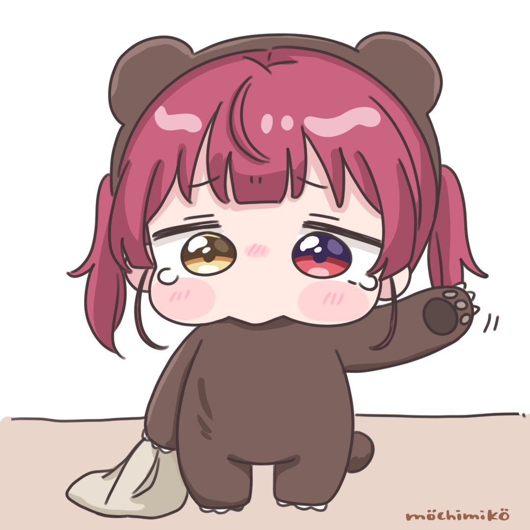 mochimiko, houshou kumarine, houshou marine, hololive, commentary request, 1girl, animal costume, animal ears, bear costume, bear ears, bear tail, blush, blush stickers, brown eyes, chibi, fake animal ears, fake tail, full body, heterochromia, motion lines, nose blush, red eyes, red hair, signature, simple background, solo, standing, tail, tears, twintails, virtual youtuber, white background, yurie mouth