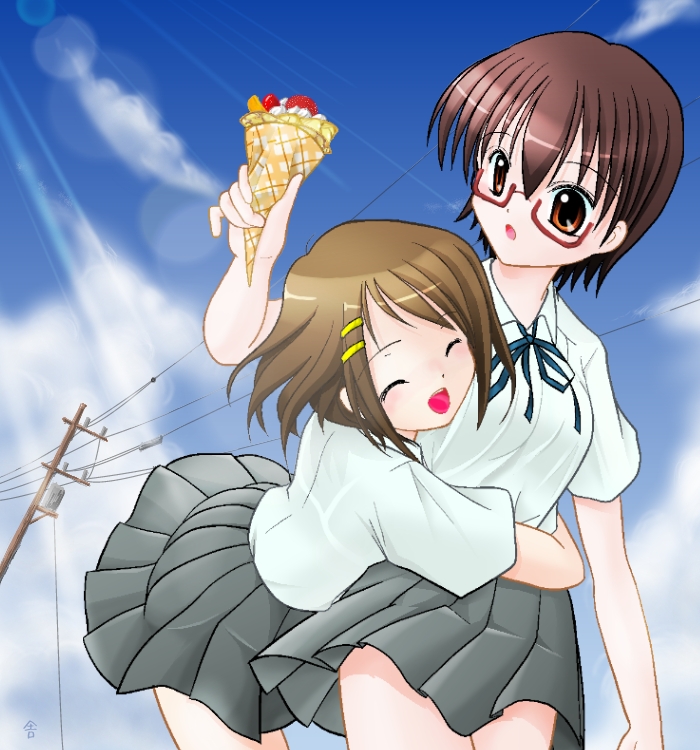 sasaka yayoi, hirasawa yui, manabe nodoka, k-on!, 00s, 2girls, brown eyes, brown hair, food, glasses, hair ornament, hairclip, hug, ice cream, multiple girls, power lines, red-framed eyewear, school uniform, semi-rimless eyewear, short hair, under-rim eyewear, yuri