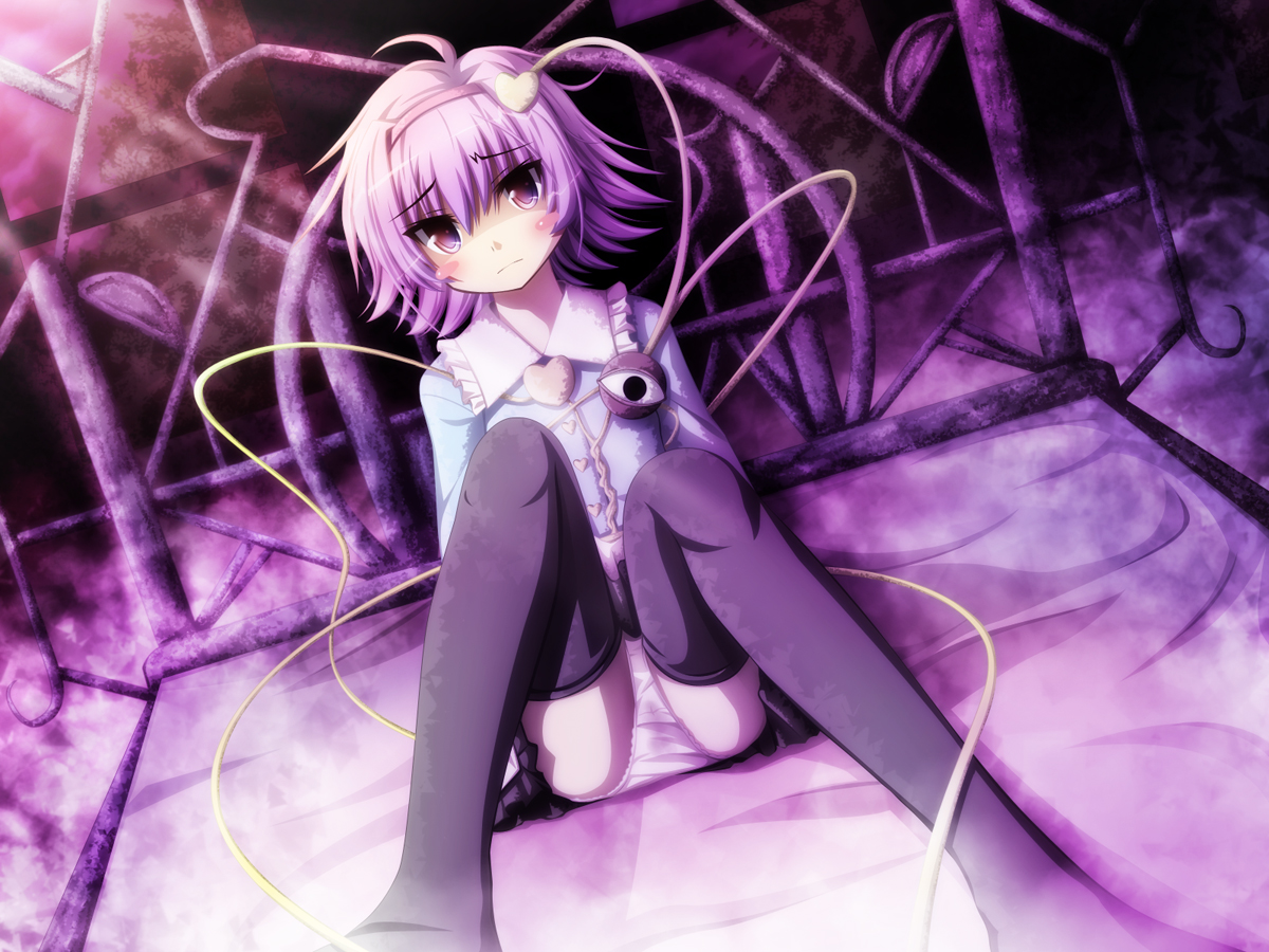 akashio (loli ace), komeiji satori, touhou, bad id, bad pixiv id, 1girl, blush, blush stickers, female focus, hairband, panties, pantyshot, purple eyes, purple hair, sitting, solo, thighhighs, underwear, upskirt, wet