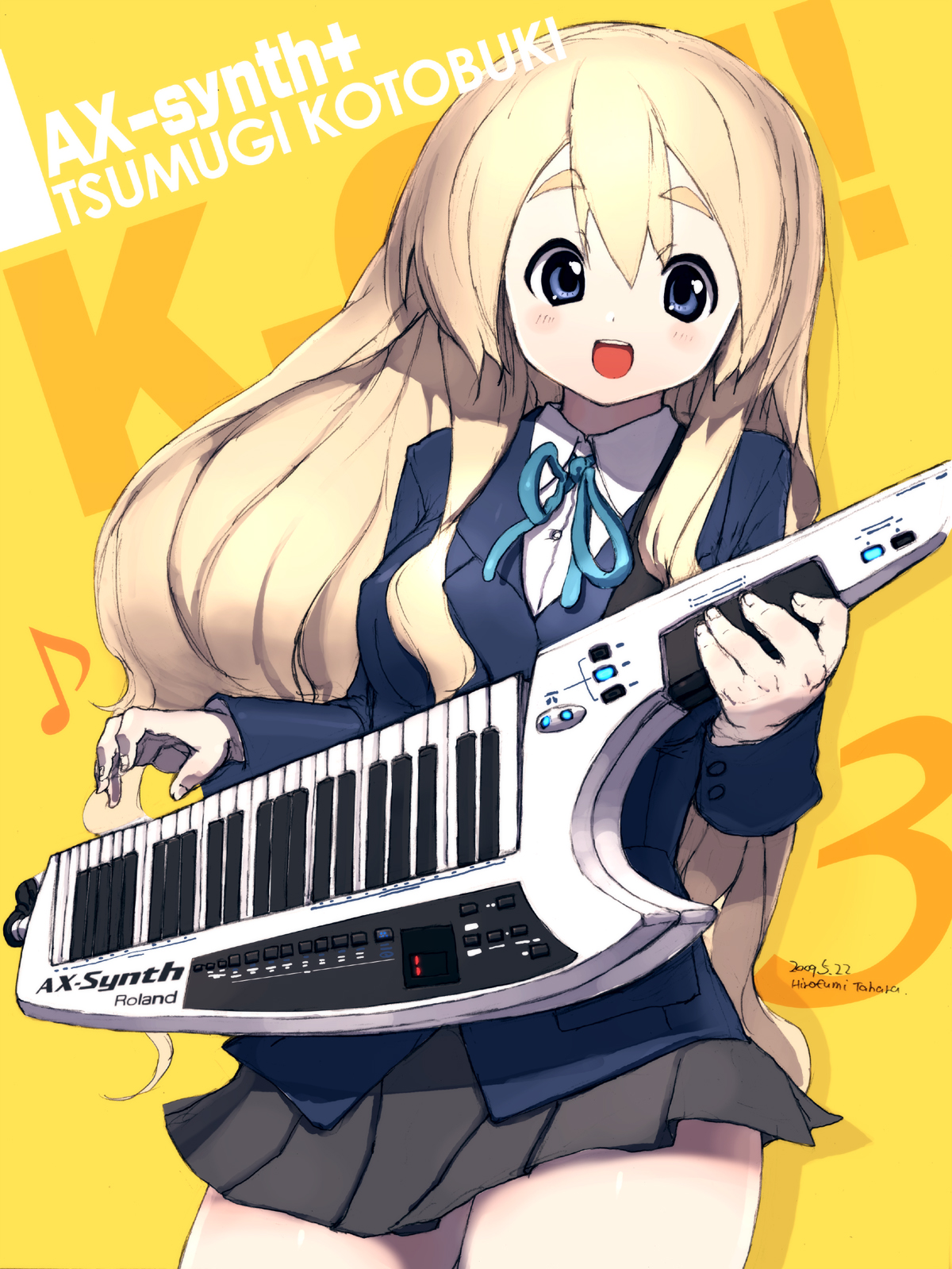 rondo bell, kotobuki tsumugi, k-on!, eyebrows, bad id, bad pixiv id, highres, 00s, 1girl, blazer, blonde hair, blue eyes, female focus, instrument, jacket, keytar, long hair, open mouth, product placement, school uniform, solo
