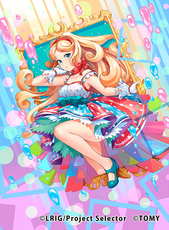 chachie, wixoss, official art, 1girl, blonde hair, blue eyes, blue shoes, blue skirt, copyright notice, gloves, headband, high heels, long hair, looking at viewer, multicolored skirt, pop (wixoss), red headband, red skirt, shirt, shoes, skirt, solo, through medium, through painting, very long hair, white gloves, white shirt