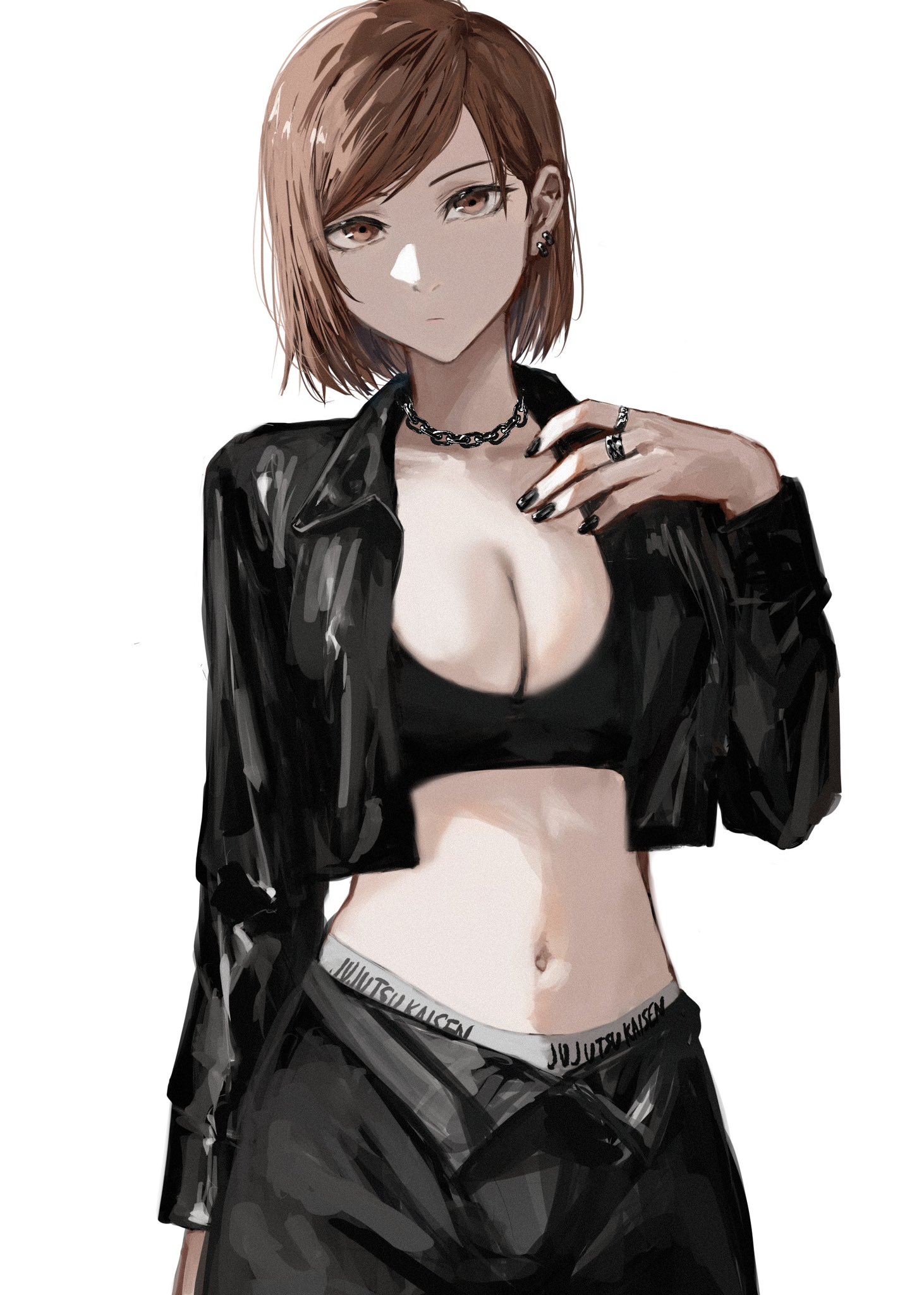 raberu ruru, kugisaki nobara, jujutsu kaisen, highres, black jacket, black nails, breasts, brown eyes, brown hair, ear piercing, jacket, looking at viewer, medium breasts, navel, panties, piercing, short hair, simple background, sports bra, sports panties, stomach, underwear, white background