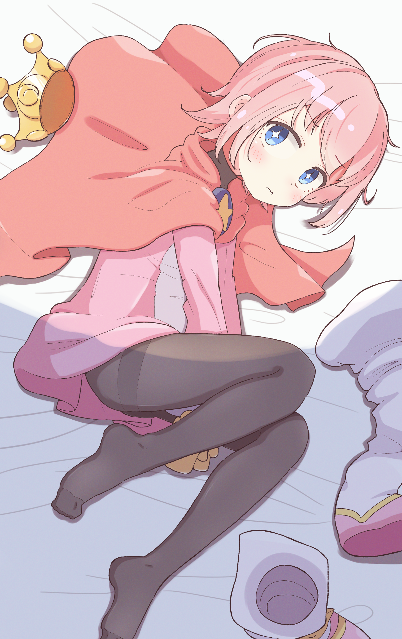 jazz grace, ocean prince, salde canarl shellbrick iii, puyopuyo, puyopuyo fever, absurdres, commentary request, highres, + +, 1boy, arm between legs, black pantyhose, blue eyes, blush, boots, brooch, cape, coat, crown, gloves, jewelry, looking at viewer, lying, mini crown, mittens, multicolored boots, multicolored coat, on side, pantyhose, pentacle, pink boots, pink coat, pink hair, pink tunic, red cape, short hair, sidelocks, sparkling eyes, star brooch, stray hair, tunic, two-tone boots, two-tone coat, unworn boots, white boots, yellow gloves, yellow mittens