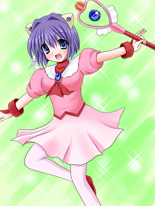 cross (artist), cross (crossryou), fujibayashi ryou, clannad, 00s, 1girl, blue eyes, female focus, magical girl, pantyhose, purple hair, short hair, solo, wand