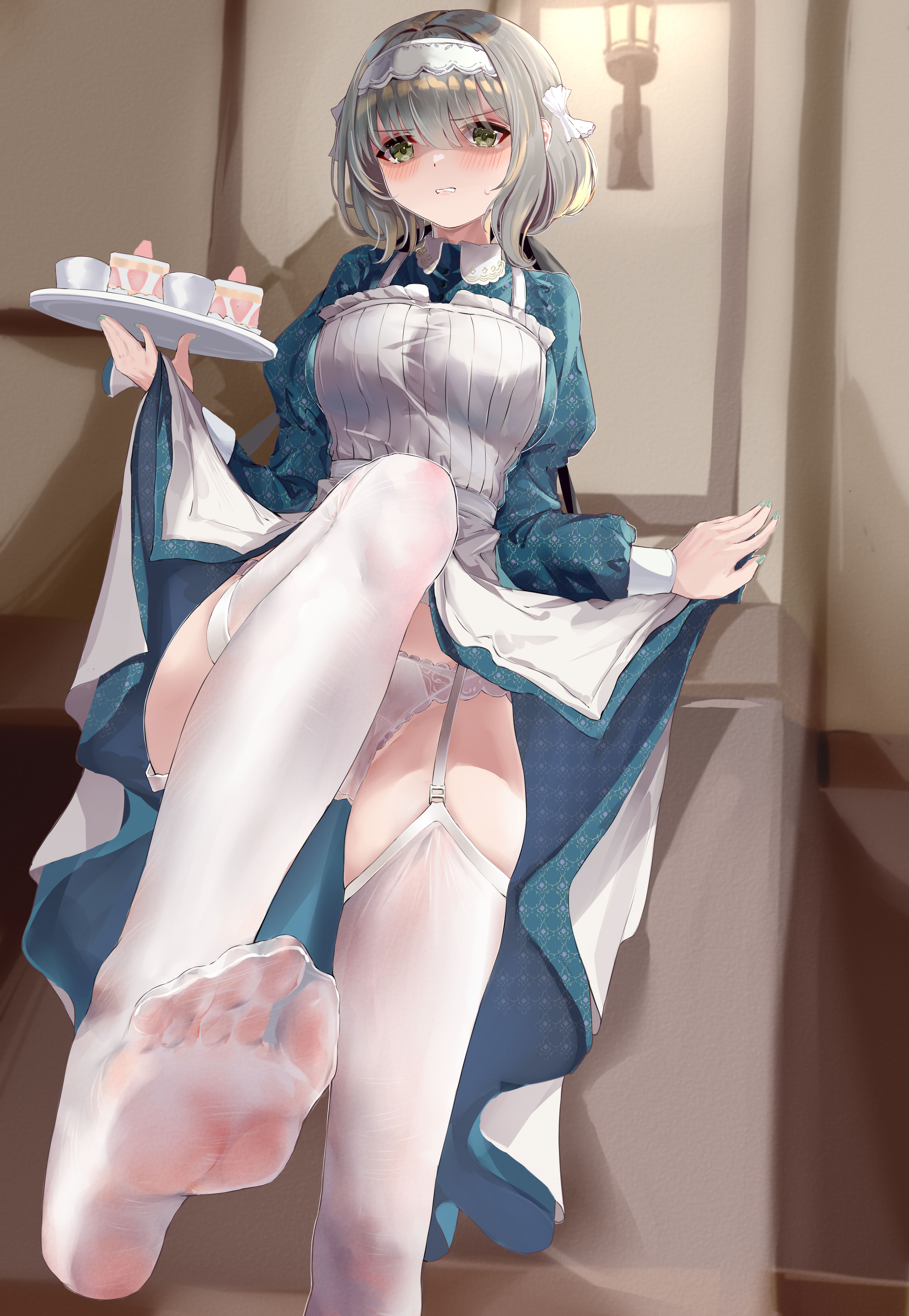 qiangz, hiwatari kanae, gakuen idolmaster, idolmaster, absurdres, highres, 1girl, blue dress, cake, cake slice, clothes lift, cup, dress, dress lift, embarrassed, female pubic hair, food, foot up, garter straps, green eyes, grey hair, hand on wall, hands up, holding, holding tray, long dress, maid, maid headdress, panties, parted lips, pubic hair, short hair, solo, sweatdrop, tray, underwear, wall lamp, wet thighhighs, white panties