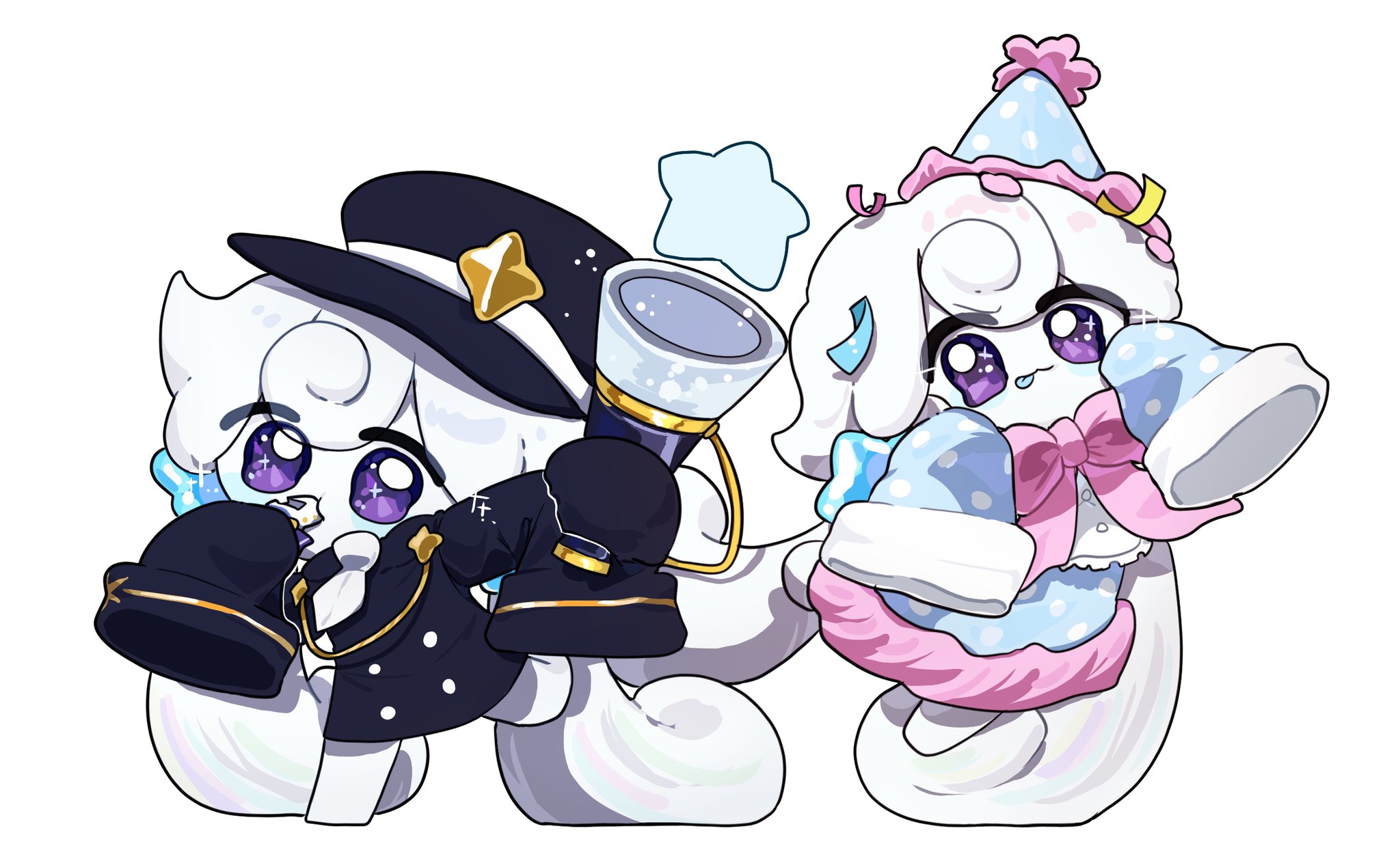 milkalong, milky way cookie, milky way cookie (happy 4th anniversary!), cookie run, cookie run: kingdom, highres, 1girl, absurdly long hair, black hat, black jacket, blowing whistle, blue dress, blue hat, blue tongue, blush stickers, bow, bowtie, buttons, candy, candy hair ornament, chibi, chibi only, closed mouth, colored skin, colored tongue, confetti, double-breasted, dress, food, food-themed hair ornament, full body, hair between eyes, hair ornament, hat, holding, holding instrument, holding whistle, horn (instrument), instrument, jacket, konpeitou, konpeitou hair ornament, long hair, looking at viewer, low twintails, necktie, official alternate costume, party hat, pink bow, pink bowtie, polka dot, polka dot dress, polka dot hat, purple eyes, simple background, sleeves past fingers, sleeves past wrists, star (symbol), tongue, tongue out, twintails, very long hair, vuvuzela, whistle, white background, white hair, white necktie, white skin