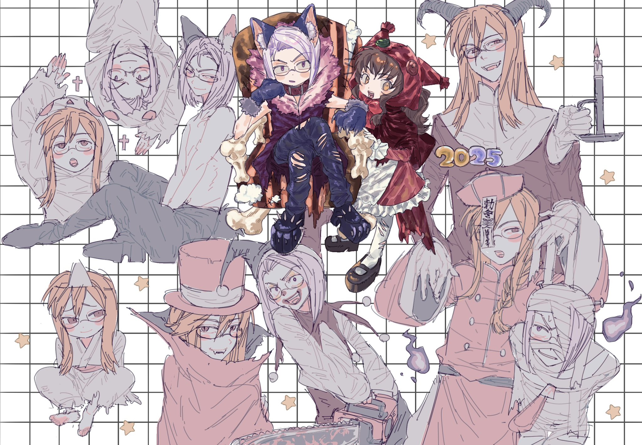 anise tatlin, dist (tales), jade curtiss, tales of (series), tales of the abyss, commentary request, highres, 1girl, 2025, 2boys, animal ear fluff, animal ears, bandaged head, bandages, belt collar, black gloves, black pants, blush, candle, chainsaw, checkered background, collar, demon horns, dress, frilled dress, frills, full body, fur trim, ghost costume, glasses, gloves, halloween, halloween costume, hat, hitodama, holding, holding candle, holding chainsaw, hor1 maa, horns, long hair, multiple boys, multiple views, mummy costume, open mouth, outstretched arms, pants, red dress, red hat, red hood, short hair, sitting, spiked boots, standing, star (symbol), torn clothes, torn pants, upper body, wolf ears, zombie pose