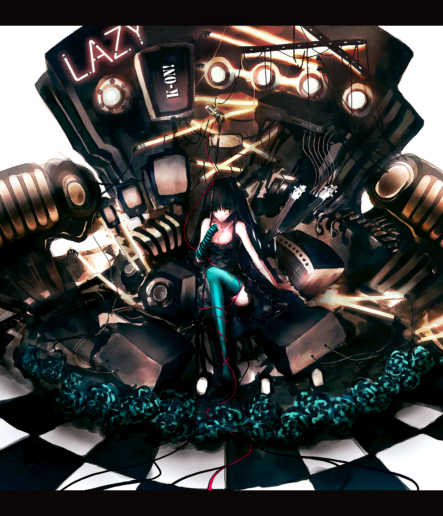 iori yakatabako, akiyama mio, don't say "lazy", k-on!, highres, 00s, 1girl, black hair, cable, female focus, hat, letterboxed, microphone, microphone stand, mini hat, mini top hat, sitting, solo, speaker, thighhighs, top hat, yellow eyes