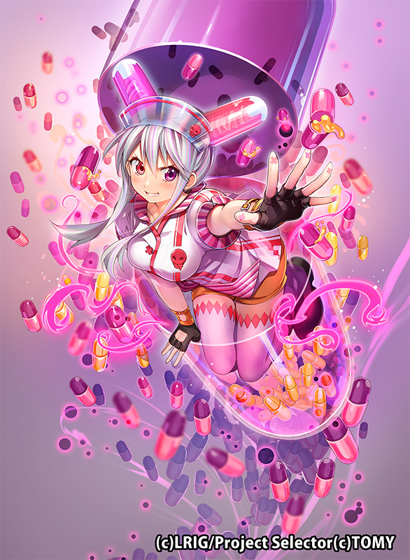 chachie, wixoss, official art, 1girl, black gloves, closed mouth, copyright notice, drei (wixoss), dress, fingerless gloves, gloves, grey hair, heterochromia, looking at viewer, medium hair, orange shorts, pill, purple eyes, purple shoes, red eyes, shoes, shorts, sidelocks, thighhighs, white dress, white thighhighs