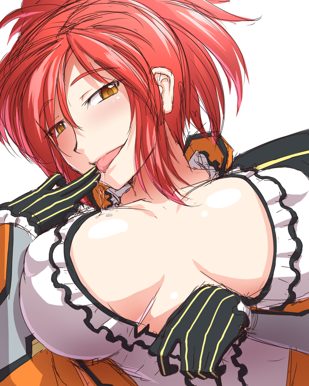 taro, azanami (pso2), phantasy star, phantasy star online 2, commentary request, highres, 1girl, black gloves, blush, breasts, breasts apart, cleavage, covered erect nipples, frilled shirt collar, frilled sleeves, frills, gloves, hair between eyes, jacket, large breasts, looking at viewer, orange eyes, ponytail, red hair, saliva, shirt, short hair, smile, solo, striped clothes, striped gloves, tongue, tongue out, upper body, vertical-striped clothes, vertical-striped gloves, white shirt