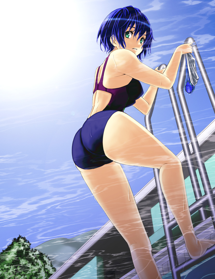 yui 7, original, bad id, bad pixiv id, 1girl, ass, barefoot, blue hair, competition swimsuit, female focus, from below, goggles, green eyes, one-piece swimsuit, pool, pool ladder, short hair, solo, swim cap, swimsuit, underwater, wet