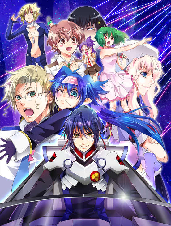 gen (enji), brera sterne, klan klein, luca angeloni, matsuura nanase, mikhail buran, ranka lee, saotome alto, sheryl nome, macross, macross frontier, bad id, bad pixiv id, 00s, 4boys, 5girls, m/, blonde hair, blue eyes, blue hair, brown hair, dress, glasses, green hair, hat, headband, long hair, microphone, multiple boys, multiple girls, pointy ears, purple hair, red eyes, school uniform, thighhighs