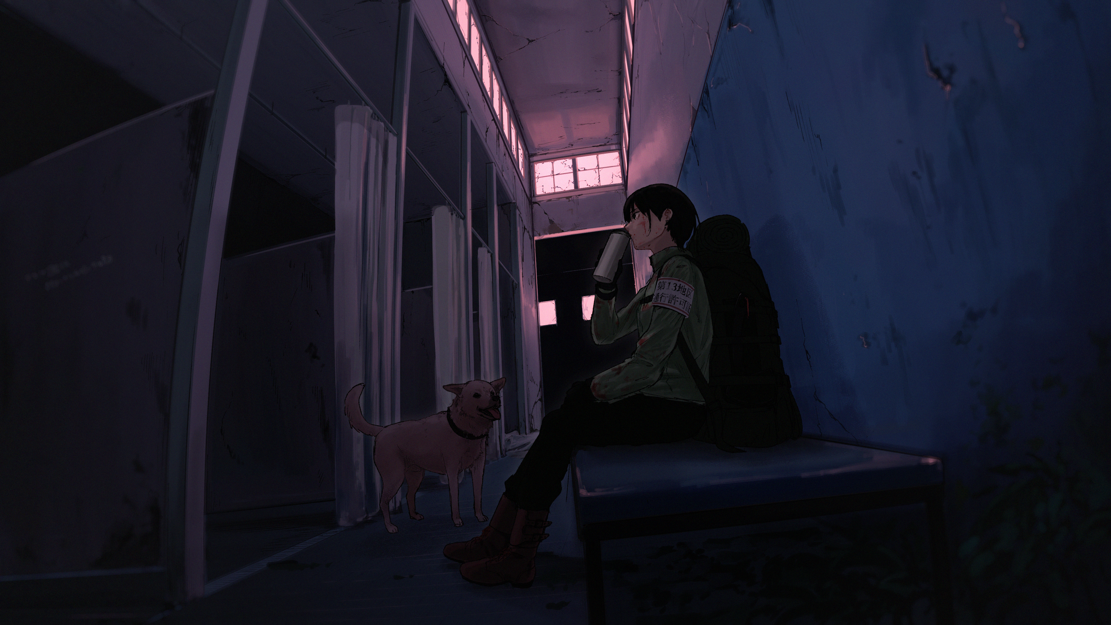 banken, original, absurdres, commentary request, highres, 1girl, abandoned, animal, backpack, bag, black hair, black pants, boots, brown boots, coat, cup, curtains, day, dog, drinking, expressionless, from side, full body, green coat, holding, holding cup, indoors, long sleeves, pants, short hair, sitting, solo, swimsuit, thermos, very short hair