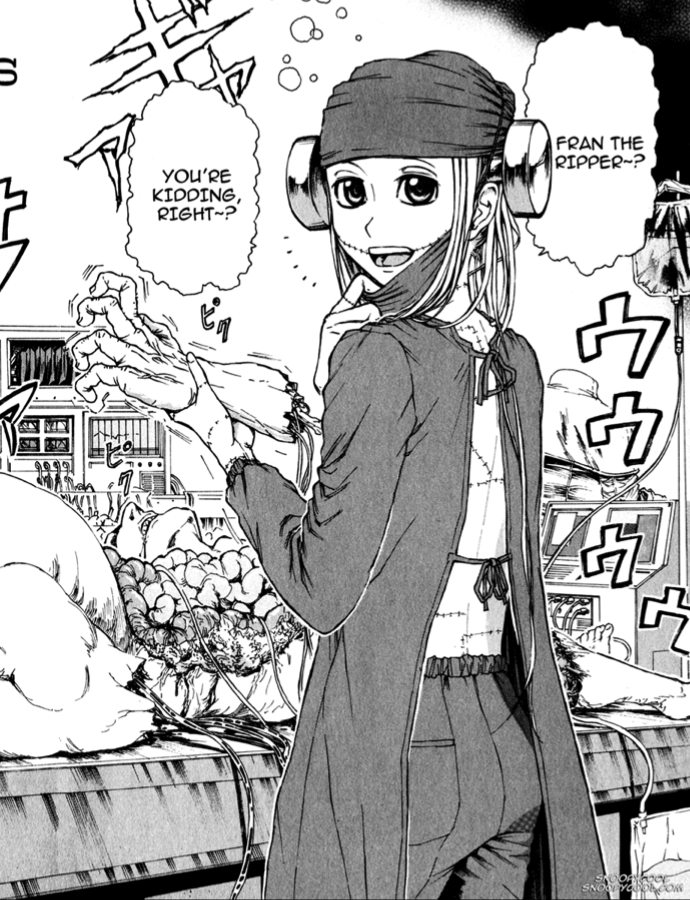 madaraki fran, franken fran, hard-translated, third-party edit, translated, 1boy, 1girl, amputee, clothed female nude male, electrodes, guro, intestines, looking at viewer, looking back, medical, monochrome, mouth mask, no bra, nude, open mouth, organs, scar, stitches, surgical mask