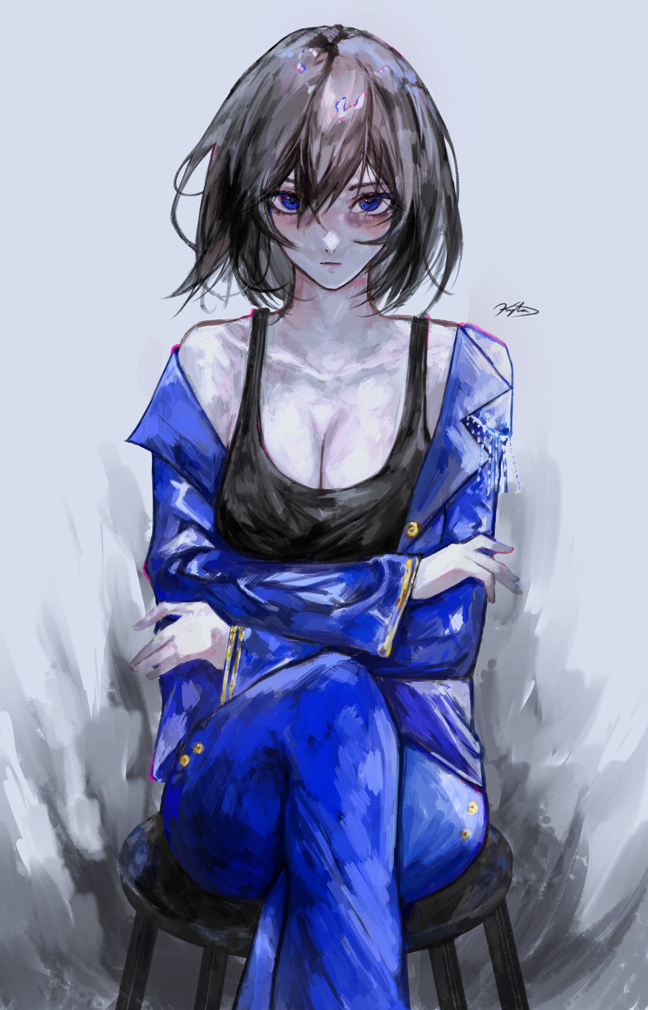 jet (shadow slave), shadow slave, commentary, english commentary, highres, 1girl, aegyo sal, black hair, blue jacket, bob cut, bra, breasts, cleavage, crossed arms, crossed legs, expressionless, feet out of frame, hair between eyes, jacket, jacket partially removed, kyta 5, looking at viewer, purple eyes, short hair, solo, underwear