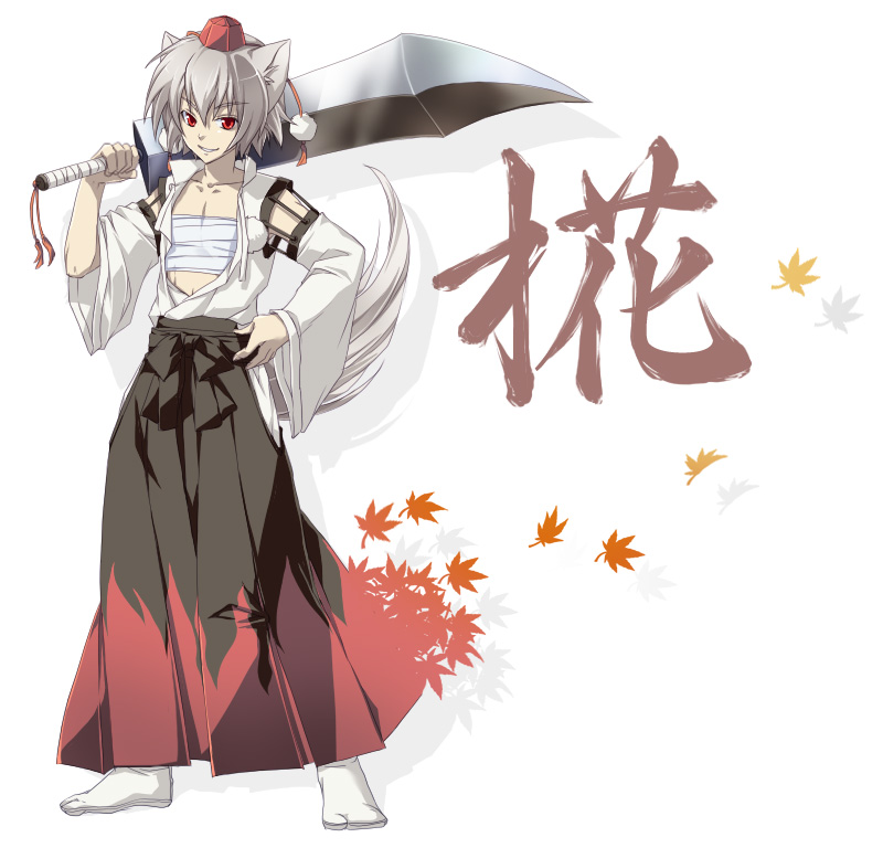 onemu, inubashiri momiji, touhou, silver hair, bad id, bad pixiv id, 1boy, animal ears, character name, genderswap, genderswap (ftm), hat, leaf, male focus, open clothes, open shirt, red eyes, sarashi, shadow, shirt, short hair, simple background, solo, sword, tabi, tail, tokin hat, weapon, wolf ears, wolf tail