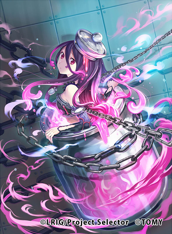 chachie, wixoss, official art, 1girl, black tube top, chain, closed mouth, copyright notice, looking at viewer, looking to the side, multicolored hair, pink hair, purple hair, red eyes, solo, strapless, streaked hair, tube top, vier (wixoss)