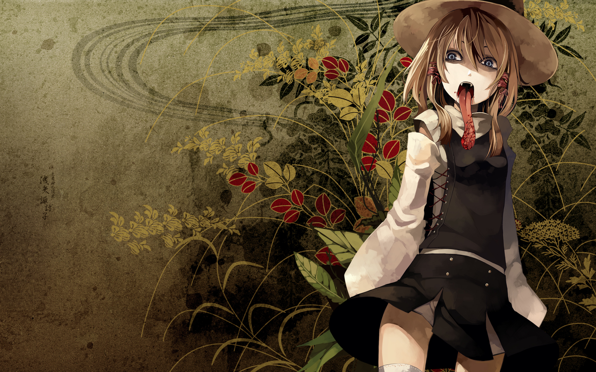 hiiragi ryo, hiiragi ryou, riku (artist), riku (wana), moriya suwako, touhou, highres, 1girl, blonde hair, blood, blue eyes, detached sleeves, fangs, female focus, flower, hair between eyes, hat, leaf, long tongue, short hair, solo, thighhighs, tongue, tongue out