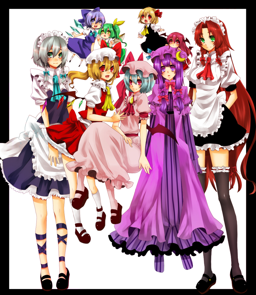 yutazou, cirno, daiyousei, flandre scarlet, hong meiling, izayoi sakuya, koakuma, patchouli knowledge, remilia scarlet, rumia, embodiment of scarlet devil, touhou, bad id, bad pixiv id, 6+girls, bad anatomy, bad hands, blonde hair, maid, mary janes, multiple girls, poorly drawn, red eyes, shoes, simple background, thighhighs