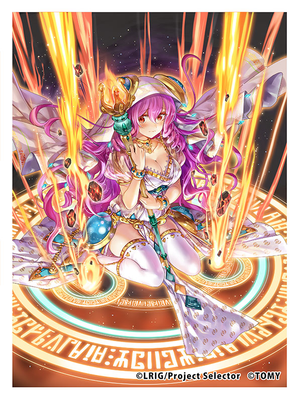 chachie, wixoss, official art, 1girl, breasts, cleavage, closed mouth, copyright notice, crystal wings, dress, drill hair, hat, hestia (wixoss), holding, holding wand, long hair, looking at viewer, medium breasts, pink hair, red eyes, solo, thighhighs, twin drills, very long hair, wand, white background, white dress, white hat, white thighhighs, wings