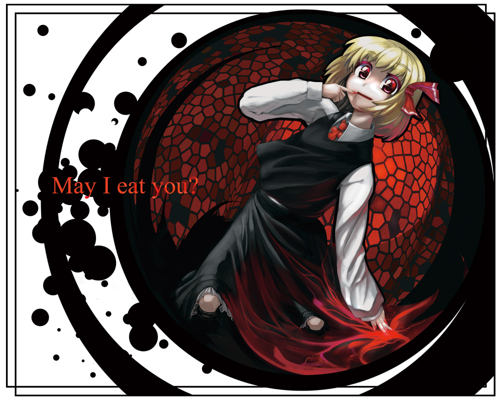arugeri, rumia, embodiment of scarlet devil, touhou, 1girl, arm support, blonde hair, darkness, dress, english text, female focus, finger to mouth, hair ribbon, kneeling, necktie, red eyes, ribbon, short hair, solo