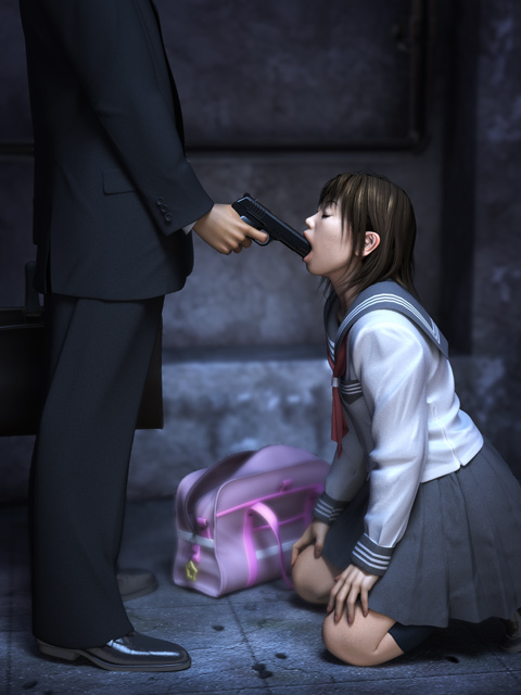 yoshitaka kawakami, black footwear, black legwear, 1boy, 1girl, 3d, bag, black hair, blazer, briefcase, closed eyes, formal clothes, gun, gun in mouth, holding, holding weapon, jacket, kneeling, long sleeves, miniskirt, murder, neckerchief, open mouth, pants, pleated skirt, realistic, sailor collar, school uniform, serafuku, shirt, shoes, short hair, skirt, socks, suit, weapon, white shirt