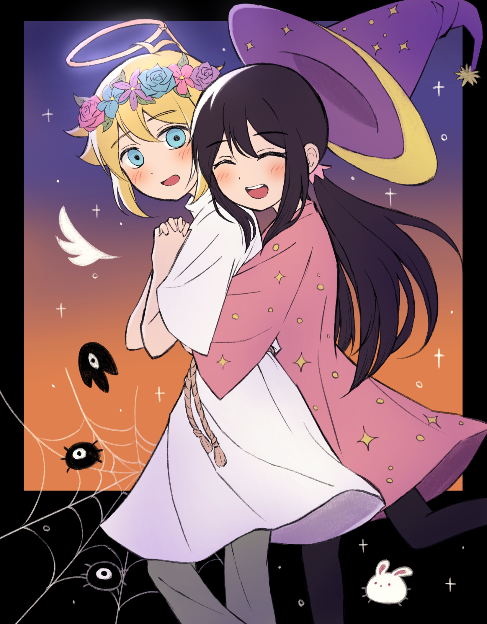 segue5o, aubrey (faraway) (omori), aubrey (omori), basil (faraway) (omori), basil (omori), bug bunny (omori), something (omori), omori, highres, 1boy, 1girl, aged down, alternate costume, antenna hair, black hair, black pantyhose, blonde hair, blue eyes, blush, closed eyes, double-parted bangs, fake halo, flower, flower wreath, grey pants, hair between eyes, halloween costume, halo, hat, head wreath, hug, hug from behind, interlocked fingers, long hair, looking at viewer, low ponytail, open mouth, own hands clasped, own hands together, pants, pantyhose, ponytail, purple hat, short hair, short sleeves, sidelocks, smile, teeth, upper teeth only, witch hat