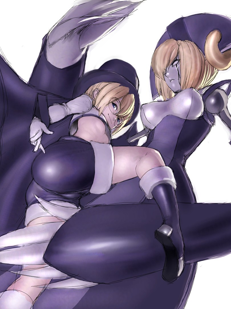 fumio (rsqkr), carl clover, nirvana (blazblue), arc system works, blazblue, blazblue: calamity trigger, purple footwear, 2girls, androgynous, ass, blonde hair, boots, breasts, genderswap, genderswap (mtf), glasses, hat, large breasts, multiple girls, robot, round eyewear, shorts, sketch, underboob