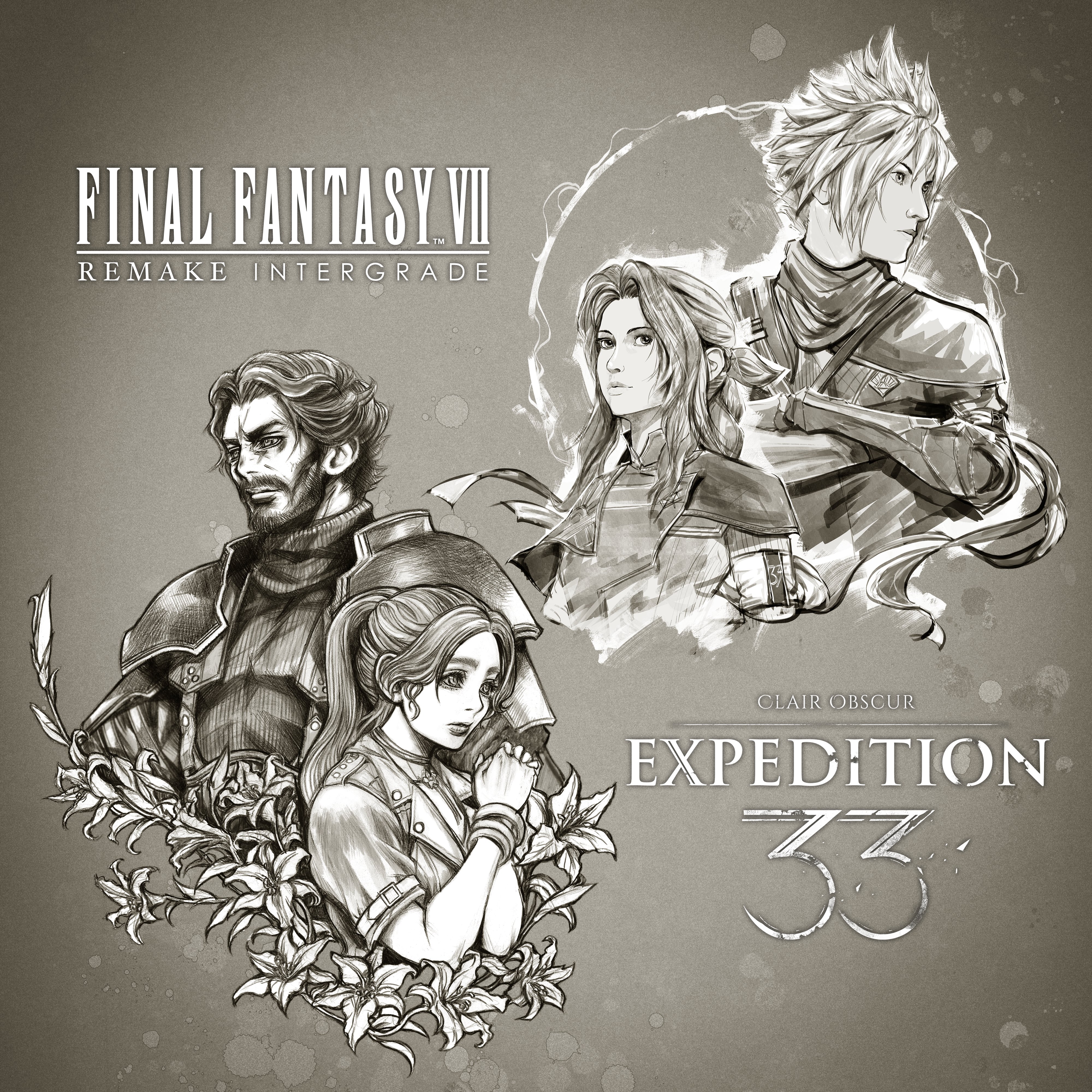 nomura tetsuya, aerith gainsborough, cloud strife, gustave (clair obscur: expedition 33), maelle (clair obscur: expedition 33), clair obscur: expedition 33, final fantasy, final fantasy vii, final fantasy vii remake, absurdres, highres, official art, 2boys, 2girls, aerith gainsborough (cosplay), armband, armor, bangle, beard, bracelet, braid, braided ponytail, choker, cloud strife (cosplay), copyright name, cosplay, costume switch, crossed arms, facial hair, flower, flower choker, furrowed brow, grey background, gustave (clair obscur: expedition 33) (cosplay), hair between eyes, hair ribbon, jewelry, lily (flower), long hair, maelle (clair obscur: expedition 33) (cosplay), mature male, military uniform, multiple boys, multiple girls, nicholas maxson-francombe, own hands clasped, own hands together, parted bangs, pauldrons, ponytail, ribbon, short hair, short sleeves, shoulder armor, sidelocks, single braid, spiked hair, suspenders, turtleneck, upper body