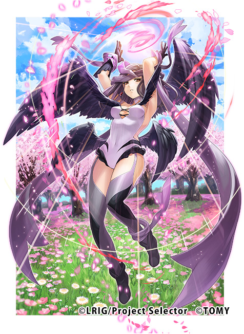 chachie, wixoss, official art, 1girl, black eyes, black gloves, black hair, black shoes, cherry blossoms, closed mouth, copyright notice, demon girl, demon horns, demon wings, gloves, grass, horns, leotard, looking at viewer, low wings, multiple wings, outdoors, shoes, solo, tree, white background, white leotard, wings, yuki (wixoss)