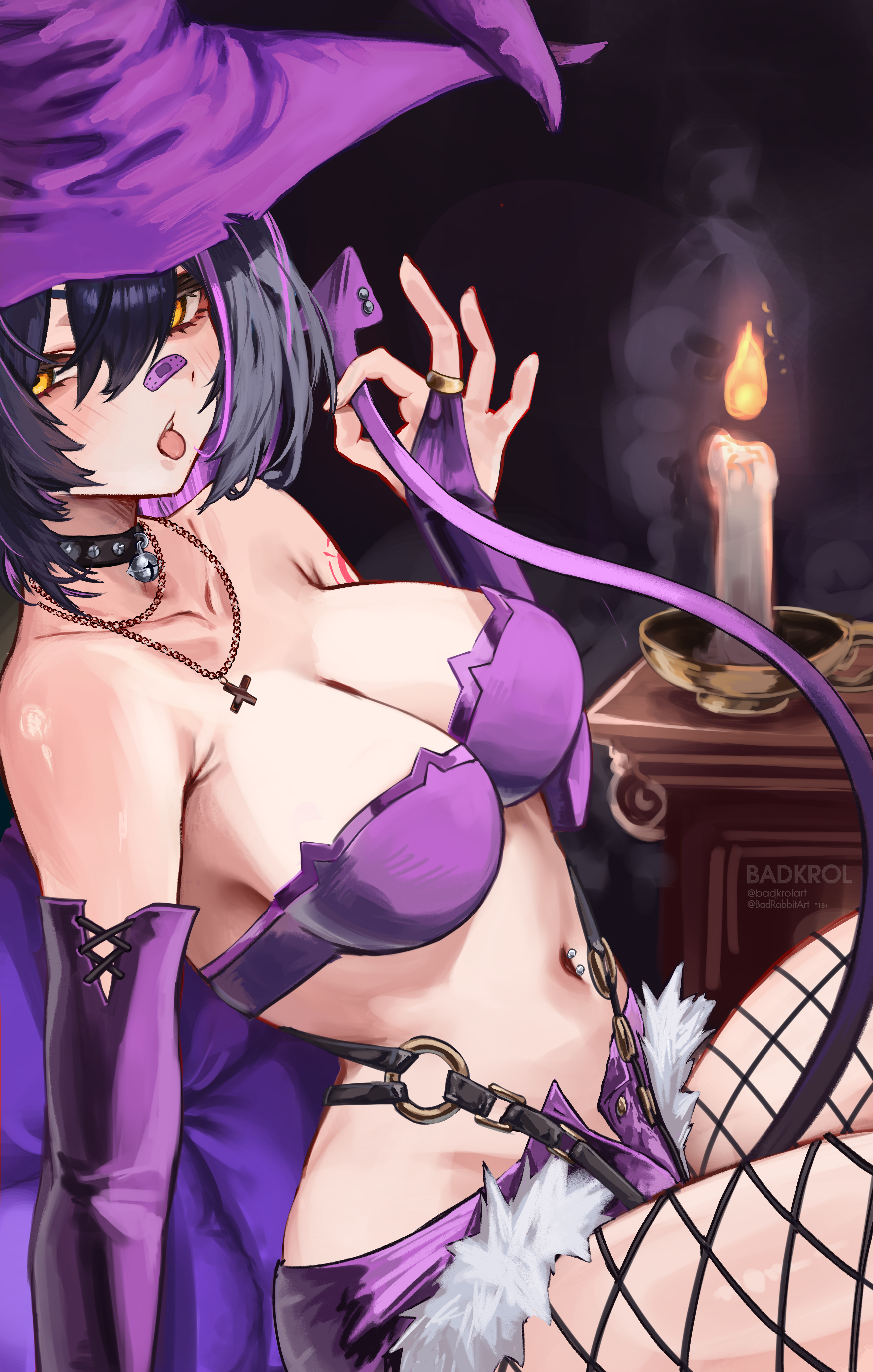 badkrol, rainhoe, original, absurdres, highres, 1girl, ass, bare shoulders, bikini, breasts, curvy, demon tail, halloween costume, looking at viewer, open mouth, punk, solo, swimsuit, tail, thighs, underwear, virtual youtuber