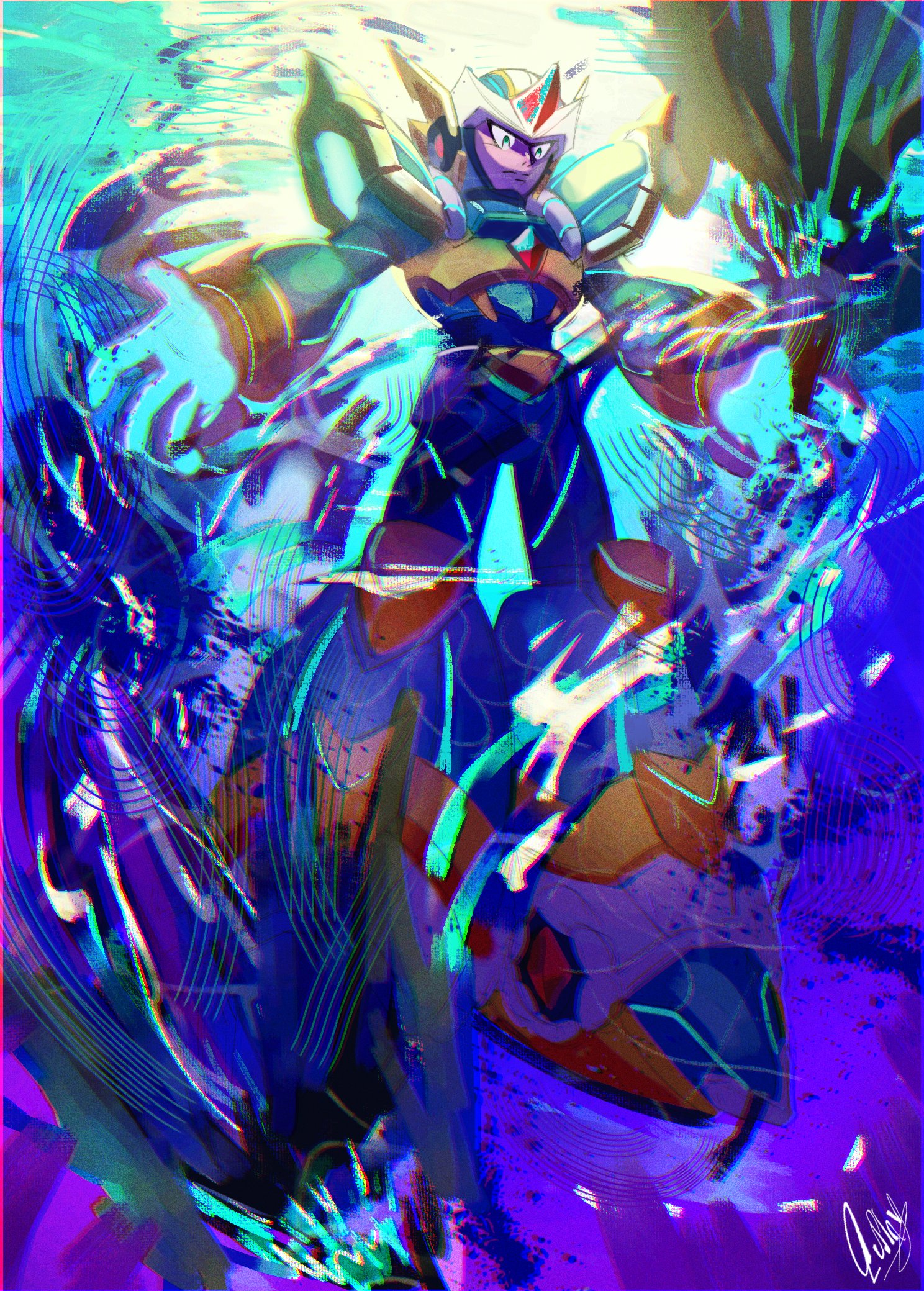 euphythefox, mega man (series), mega man x (series), highres, 1boy, android, armor, blue background, forehead jewel, full body, helmet, male focus, solo