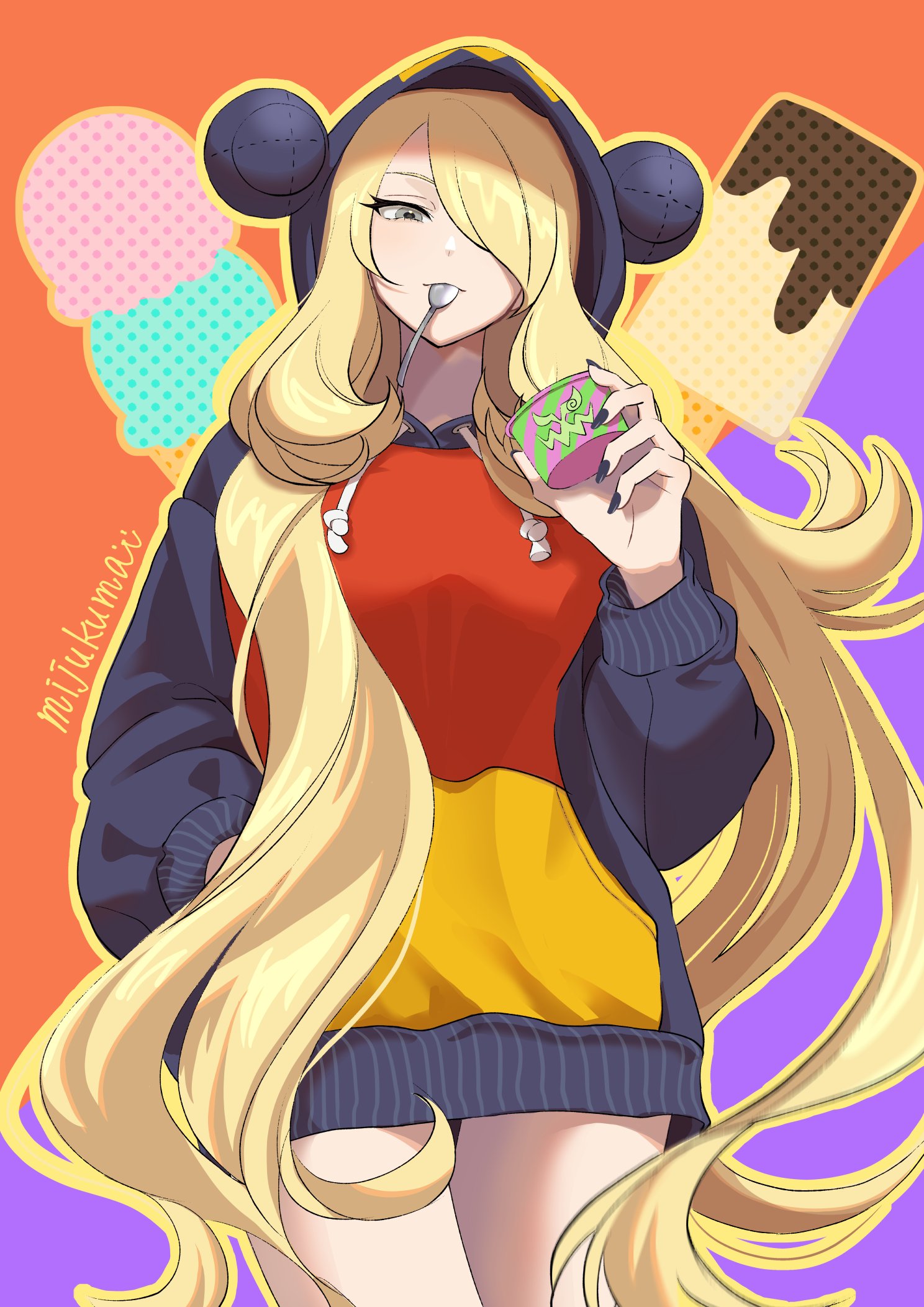 mijukuma, cynthia (pokemon), garchomp, spiritomb, nintendo, pokemon, pokemon dppt, commentary, english commentary, highres, 1girl, blonde hair, breasts, character hood, character print, food, gen 4 pokemon, grey eyes, hair ornament, hair over one eye, holding, holding food, holding ice cream, hood, hood up, hooded sweater, hoodie, ice cream, long hair, long sleeves, looking at viewer, smile, solo, spoon, sweater, very long hair