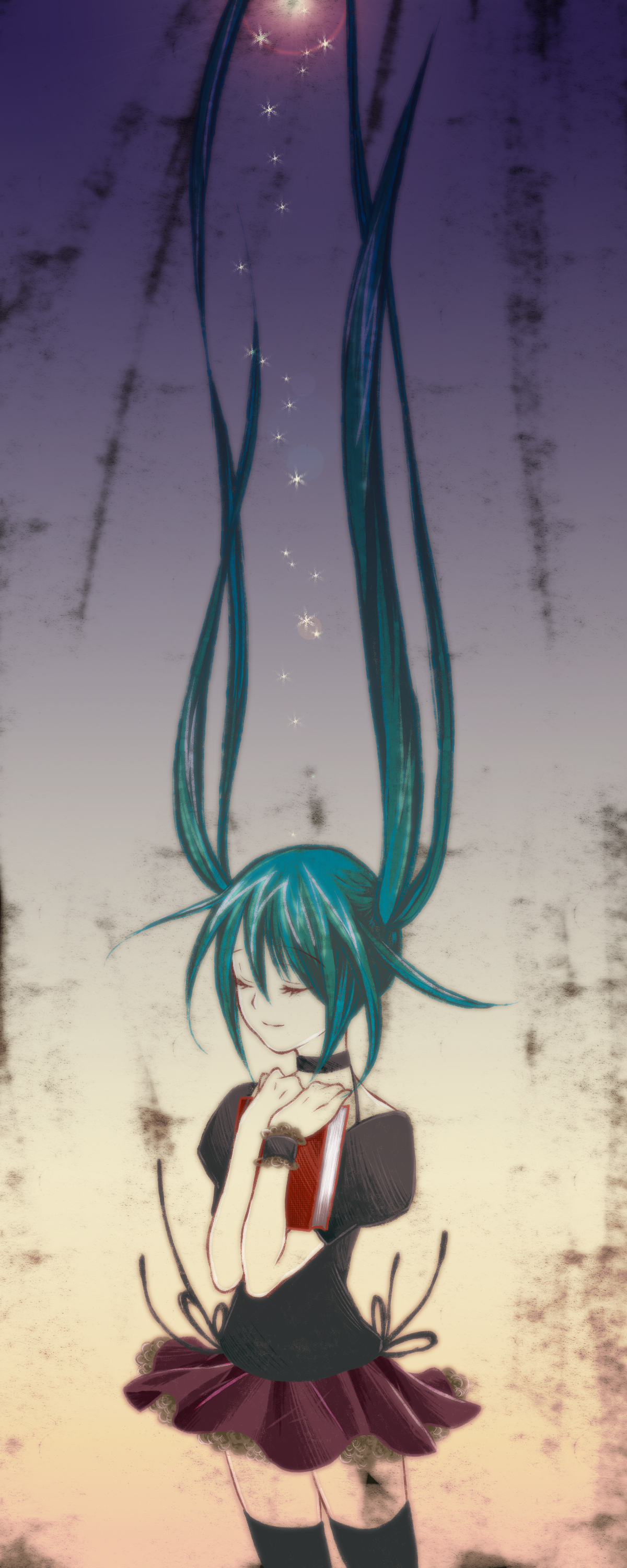 kyabetsu tarou, tarou (pixiv503223), hatsune miku, 1/6 -out of the gravity- (vocaloid), vocaloid, absurdres, highres, 1girl, aqua hair, book, choker, closed eyes, female focus, floating hair, long hair, skirt, solo, thighhighs, twintails, very long hair