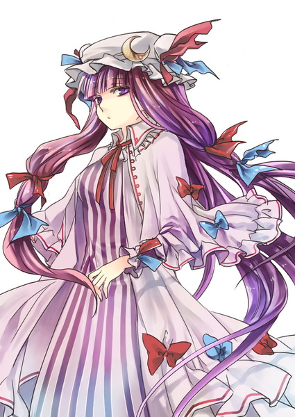 ssz, szuinyo, patchouli knowledge, touhou, striped, bad id, bad pixiv id, 1girl, blunt bangs, bow, crescent, female focus, hair bow, hair ribbon, hat, long hair, multiple hair bows, purple eyes, purple hair, ribbon, robe, solo