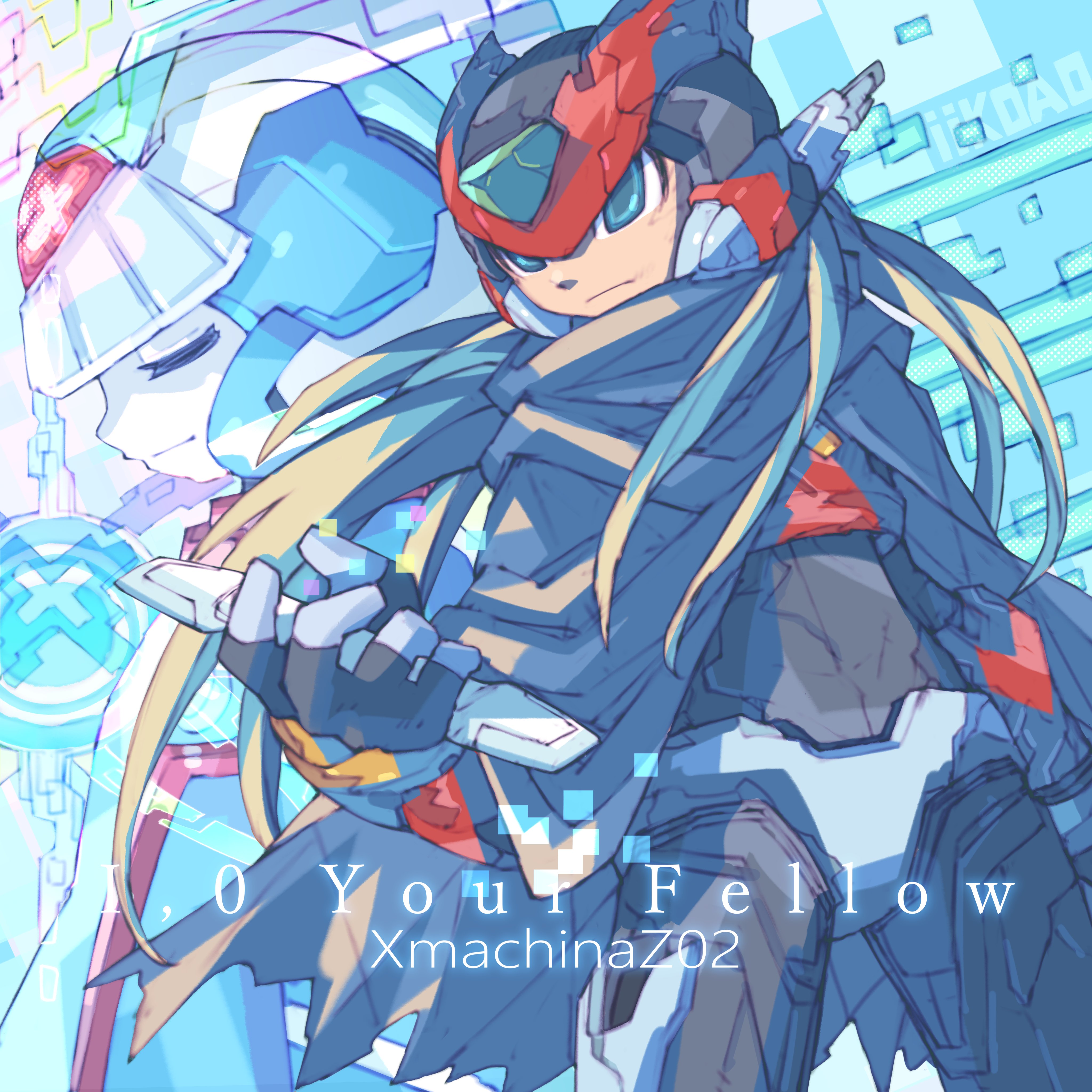 iikoao, cyber elf x (mega man), x (mega man), zero(z) (mega man), zero (mega man), mega man (series), mega man zero (series), absurdres, highres, 2boys, armor, black eyes, blonde hair, brown cloak, cloak, cowboy shot, forehead jewel, helmet, long hair, male focus, multiple boys, red armor, red helmet, solo focus