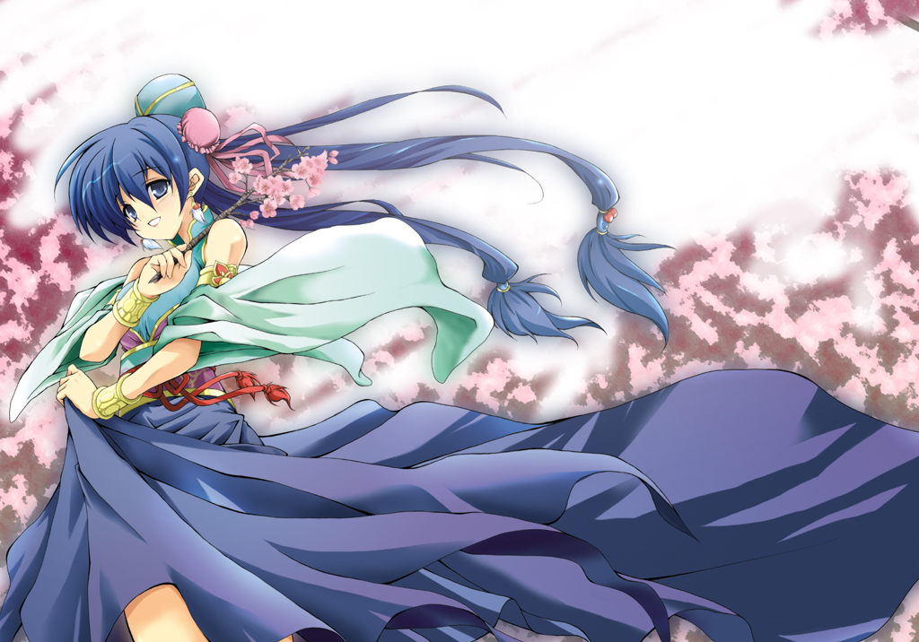 shibamine takashi, san chin, sangokushi taisen, bad id, bad pixiv id, 1girl, armband, blue eyes, blue hair, blue skirt, bracelet, branch, bun cover, cherry blossoms, double bun, earrings, flower, hair bun, jewelry, long hair, long skirt, low-tied long hair, shawl, skirt, smile, twintails, very long hair, wind