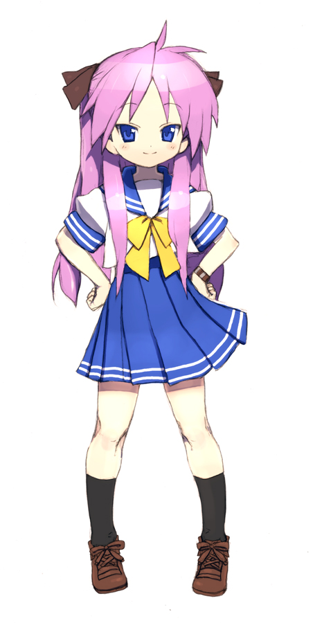 rondo bell, hiiragi kagami, lucky star, bad id, bad pixiv id, 00s, 1girl, blue eyes, blush, bow, female focus, full body, hair bow, hands on own hips, kneehighs, long hair, pink hair, purple hair, school uniform, serafuku, shoes, simple background, smile, socks, solo, standing, twintails, watch, wristband, wristwatch