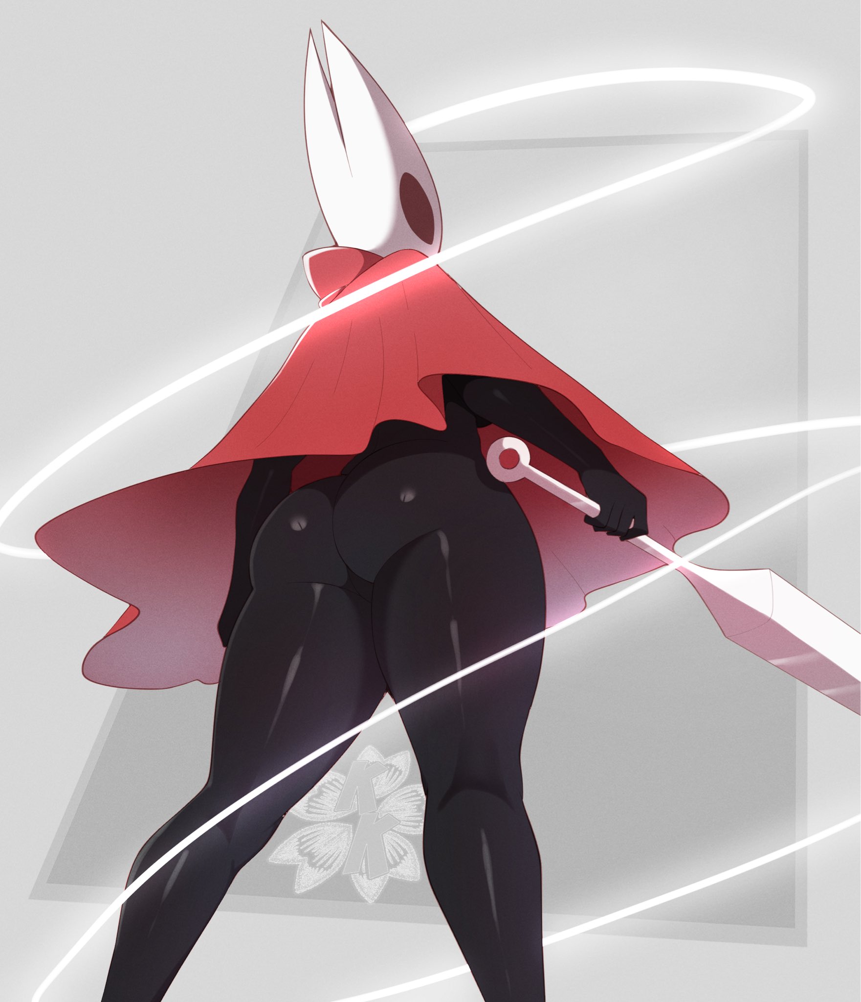 kokoe (pyuncho), hornet (hollow knight), hollow knight, hollow knight: silksong, highres, 1girl, artist logo, ass, black bodysuit, bodysuit, cloak, grey background, holding, holding weapon, logo, needle (hollow knight), red cloak, solo, weapon, white mask