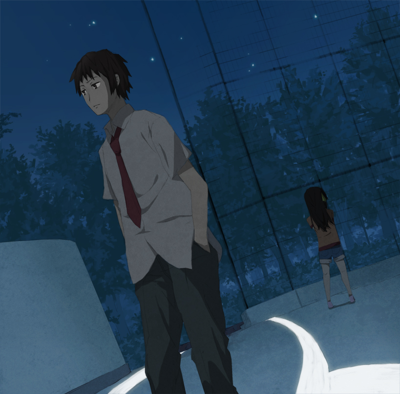 110 gou, kyon, suzumiya haruhi, suzumiya haruhi (young), suzumiya haruhi no yuuutsu, bad id, bad pixiv id, 00s, 1girl, aged down, denim, denim shorts, dutch angle, fence, hands in pockets, night, night sky, shorts, sky, tree